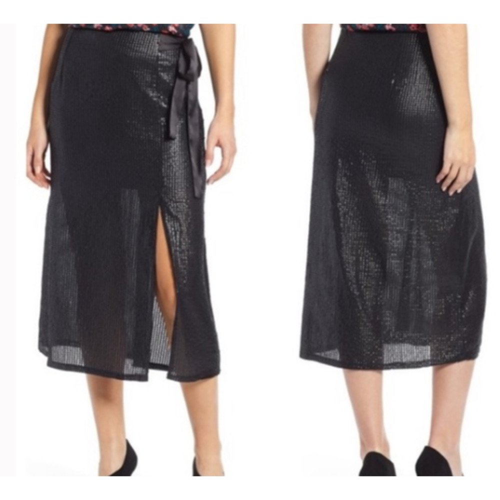 Something Navy Sequin Tie Waist Midi Skirt-S